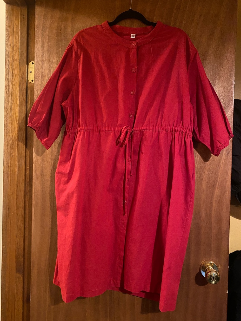 Red Linen Button-Up Drawstring Dress